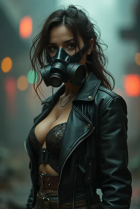 a 35 year old woman in a post-apocalyptic setting, wearing a gas mask, with large breasts, wearing a belt, leather, messy hair, beautiful eyes, solo, hyper-realistic, 8k, cinematic lighting, dramatic atmosphere, highly detailed, photorealistic, intricate d...