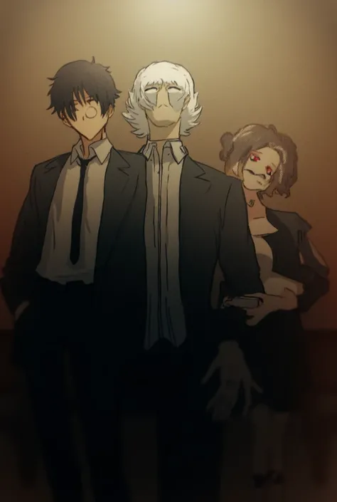  Illustrious a trio of friends designed by Shinichiro Watanabe cowboy bebop 
The middle one is a youthful light skin with gradient hair,  a black suit and glasses
The other is a tall white young man ,  also in a suit and also in a gradient 
The other is al...