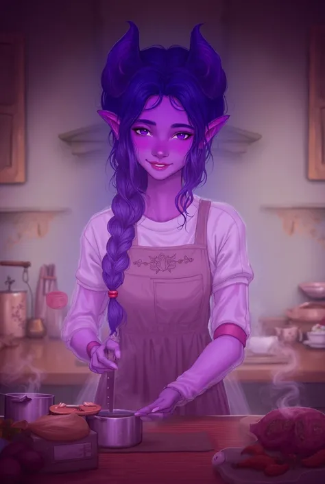 Tiefling woman in early 20s, with soft features, lavender skin, dark purple horns. She’s wearing an apron, smiling at you as she cooks. A more anime art style 