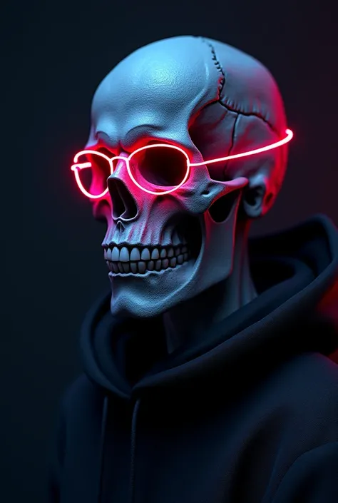  Skull face with dark Neon glasses, with some colorful features on the face ,  black background, 3d,  high quality 