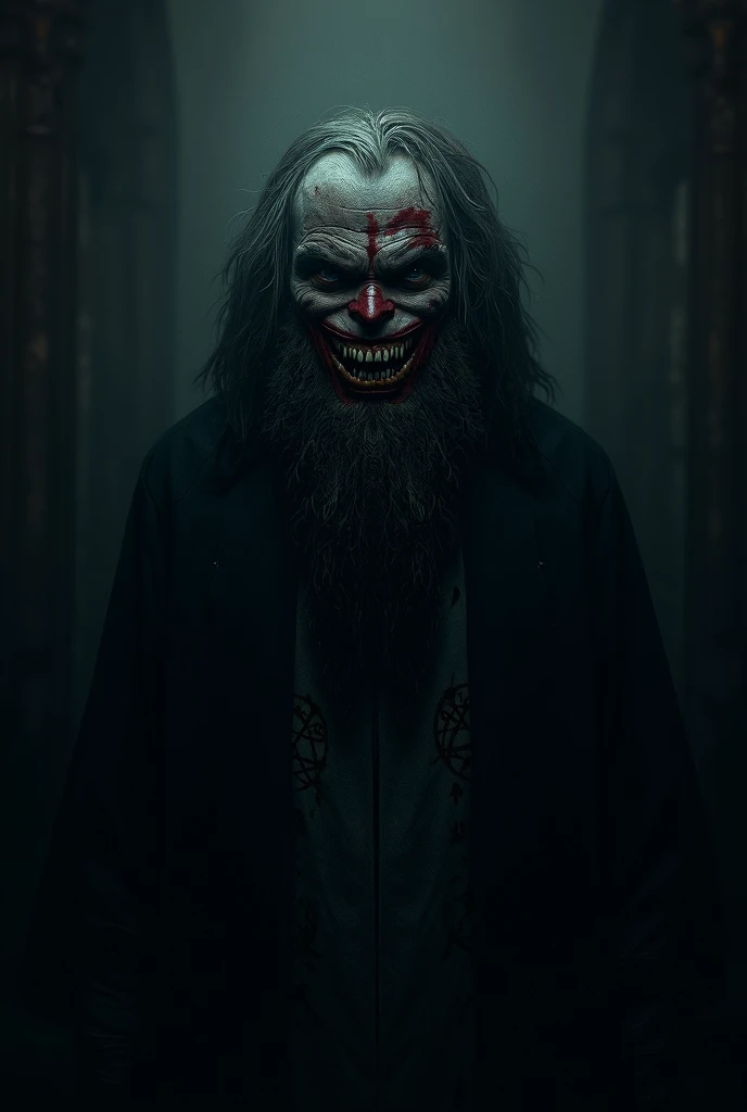 Create image of a joker with beard from 80s century who is also a Russian priest with black and white outfit and red smile with Russian weaponry 