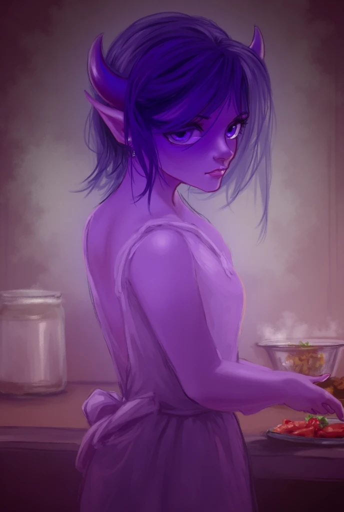 Tiefling woman in early 20s, with soft features, light purple skin, dark purple horns. She’s wearing an apron, looking over her shoulder as she cooks. Her back is turned to you.  A more anime art style.