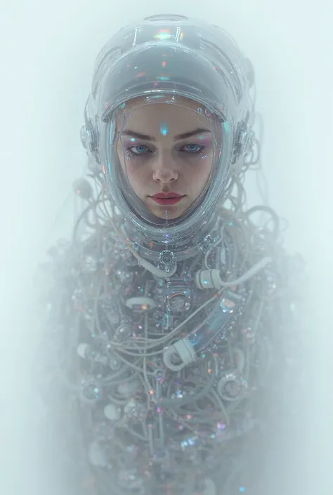  by Bastien Lecouffe - deharme  ,  meat griffiths and Wadim Kashin  ,  portrait photograph  , In front of a white wall ,  an iridescent female cyborg astronaut  ,  connected by cables and wires and LED  ,  an attractive body of transparent plexiglass punk ...