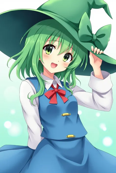 anime girl with green hair wearing a green hat and blue dress, in ryuuou no oshigoto art style, pixiv contest winner, bright witch, from touhou, touhou character, pixiv, sky witch, pixiv style, witch girl, digital art on pixiv, rei hiroe, at pixiv, witch, ...