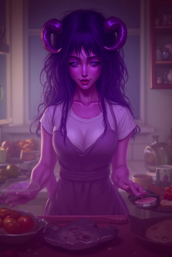 Tiefling woman in early 20s, with soft features, light purple skin, dark purple horns. She’s wearing an apron, sexy body, with a t-shirt under the apron. Anime art style. She is cooking