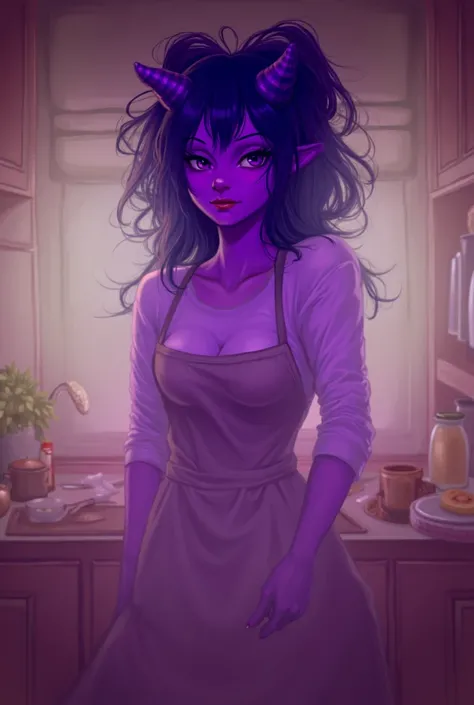 Tiefling woman in early 20s, with soft features, purple skin, dark purple horns. She’s wearing an apron, sexy body, with a t-shirt under the apron. Anime art style. She is cooking