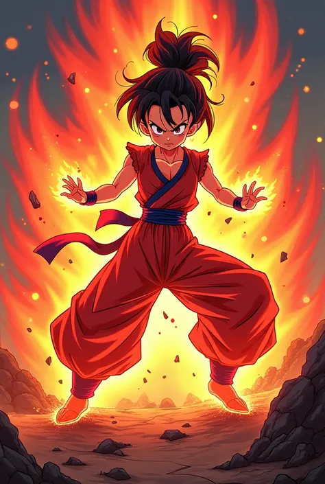 Create an illustration of Chi-Chi from Dragon Ball using the Kaioken technique, reimagined in the intense and dynamic style of Akira Toriyama. Chi-Chi should be shown mid-battle, her body surrounded by the glowing red aura of Kaioken, with energy waves rad...