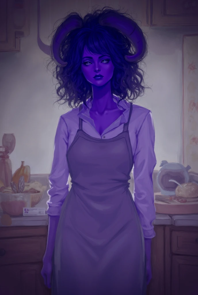 Tiefling woman in early 20s, with soft features, purple skin, dark purple horns. She’s wearing an apron, sexy body, with a t-shirt under the apron. Anime art style. She is cooking