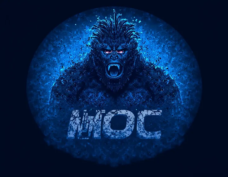 Create a logo with the acronym MOC With a GORILLA BRAVO STRONG BLACK WITH A DREADFUL AK and an explosion of background colors mixed black and blue