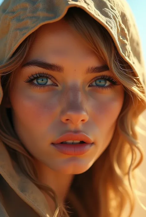 Masterpiece, A beautiful Fremengirl with Blue Eyes on Arrakis, high definition at 4k resolution, sharp focus, with very detailed facial features and realistic visual style, high detail face, high detail skin, high resolution, photo-realistic, cinematic lig...