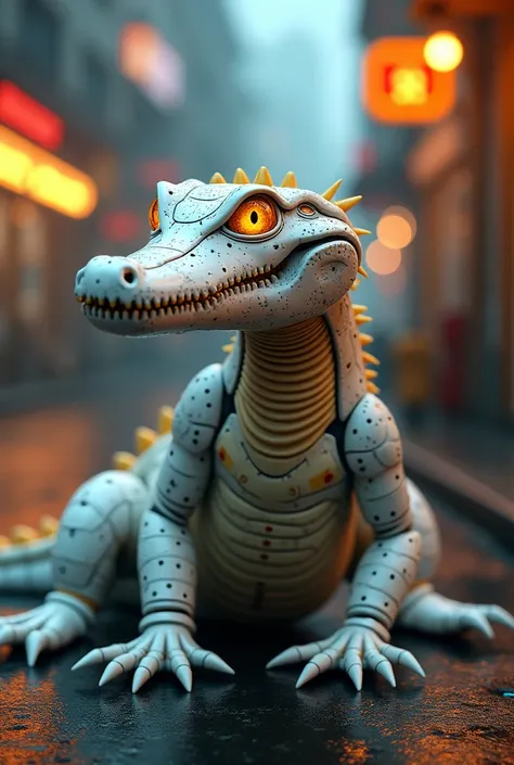 Robot Alligator: Mechanical, slim, fin-like, gracile, made with plastic and metal, featuring white plastic and amber parts.
Setting: Neon noir city with art deco, cyberpunk style, blending steampunk and dieselpunk elements.
Details and Enhancements: Ultra ...