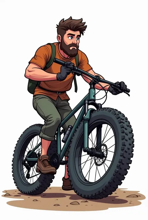 a very serious 23-year-old boy with a very impressive look, dark-haired, sturdy and handsome bearded man repairing mountain bikes by changing his tire in real cartoon style, I WANT THE IMAGE WITH WHITE BACKGROUND  