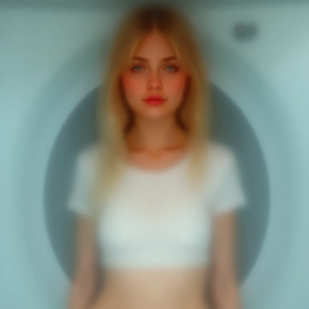 A beautiful human like blonde white girl with blue Wearing a wet white cropped t shirt and human near washing machine 