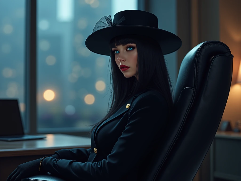 ( masterpiece), ( The Best Quality : 1.1) ( ultra detailed )  ilustration style , ( portrait: 1.1)  IN A MODERN OFFICE WITH ELEGANT AIR AND RAINY WINDOWS ,  A NIGHT LIGHT SHE IS SITTING IN A LARGE BLACK LEATHER CHAIR while she is turned in her profile with...