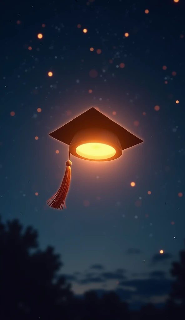 A tossed graduation cap glowing like a star in the sky, symbolizing aspirations and achievements."