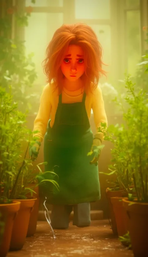 Create a Disney Pixar style close-up shot of a young woman, Mia, with medium-length auburn hair, wearing a green gardening apron over a casual yellow t-shirt and jeans, aged around 25, looking frustrated in a small cozy indoor garden filled with potted pla...