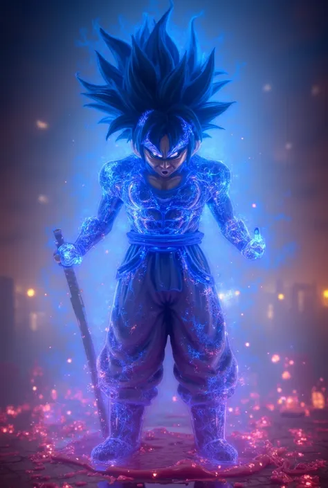 Pixar style realistic full body image of  GOKU.has glowing blue energy covered by his body,holding a sword covered by red slime  ,look out towards the camera with exaggerated angered facial expression with widely open his mouth , .Background is a park wit ...