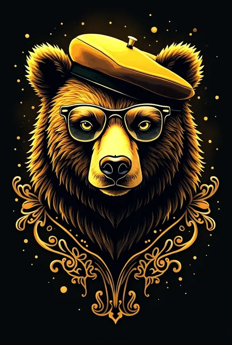  Bear Face t-shirt print with gold features, with golden beret ,  neon black glasses with purple and blue colors , Luxury written in Neon behind the image ,  black background,  high quality 