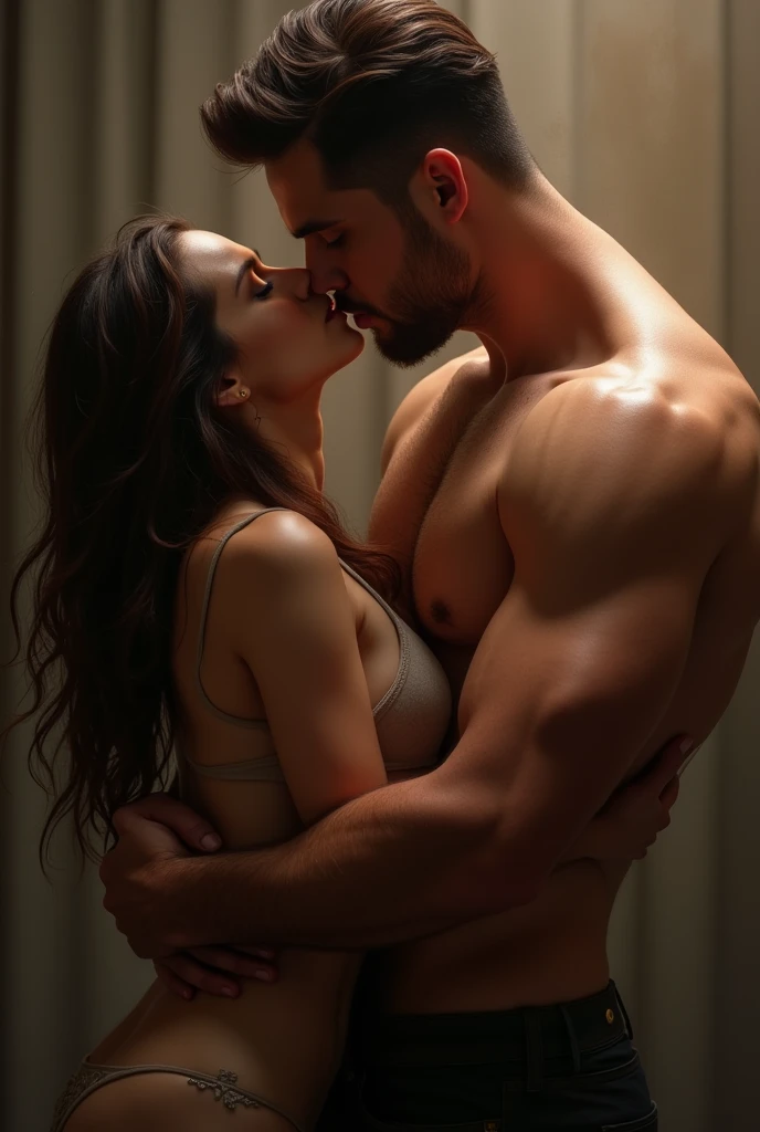 A woman pressed to a mans chest and his lips were on hers as he
tipped her head and bent her backwards. Him tipping her head and bending her backwards is a must. He has to bend her backwards. Include it in the image.