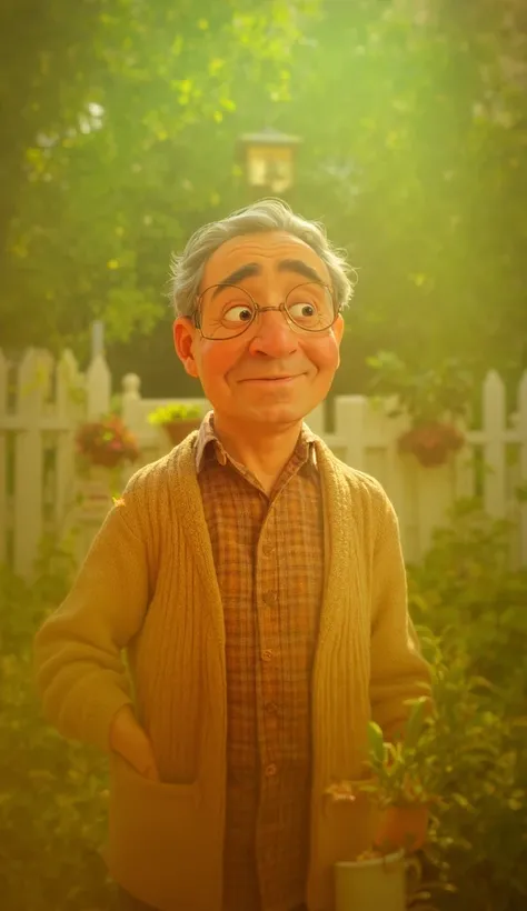 Create a Disney Pixar style close-up shot of a kindly older man with gray hair, glasses, wearing a beige cardigan over a plaid shirt, and holding a mug of tea, aged around 60, shaking his head with a gentle smile in a bright garden patio surrounded by gree...