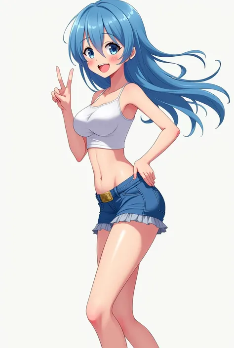 Anime girl wearing blue mini skirt and white mini top with sexy pose