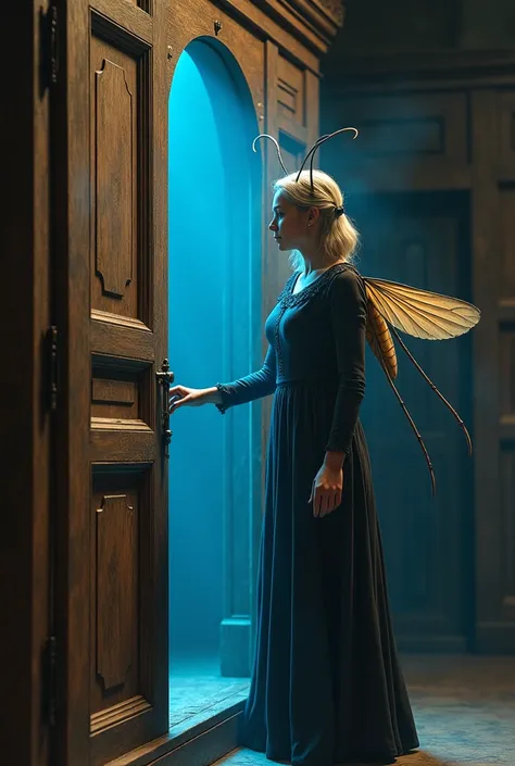 1 femme moyennement âgée,  de profile, avec des antennes et des ailes de moustique,  ouvre un grand meuble massif en bois style armoire normande dou émane des lumières bleu.