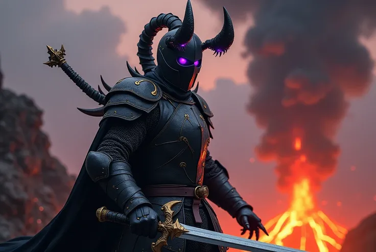 1 man, purple eyes, with armor,  with a metallic scorpion blade coming out of the armor,  all-black armor with gold detail ,  with a medieval scorpion-shaped helmet ,  holding a sword, Bottom: volcano and eruption . Making sword moves , showing all body 