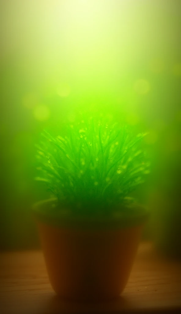 Create a Disney Pixar style close-up shot of a vibrant green plant with fresh leaves and small budding flowers in a decorative pot in a well-lit indoor garden space. The subject is placed center frame and is bathed in sunlight, with droplets of dew on the ...