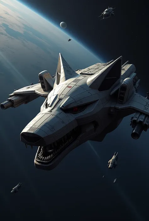 Diagram of the spaceship  look like a wolf head, like star wars space ship , wolf head shaped

