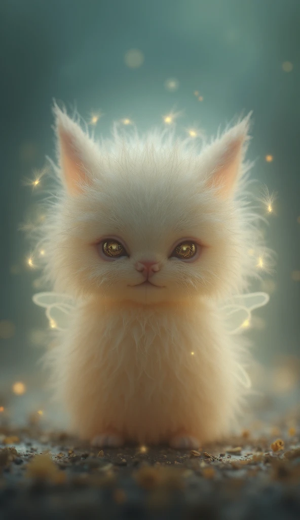 A small, round, and adorable creature with fluffy fur and glowing eyes. It has tiny wings and a playful demeanor, like a mix between a kitten and a firefly.