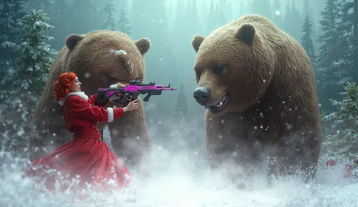 The Christmas season features a Christmas tree. , A red curly-haired woman wearing a Santa dress, holding a fuchsia pink AK16 gun, is shooting a big brown bear that is running.