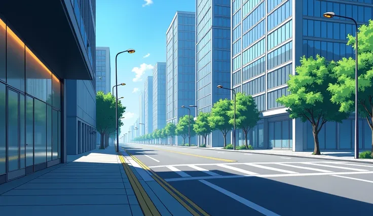  Create an anime-style cartoon of a modern but empty city, showing the sidewalk and street ,  left side camera position 