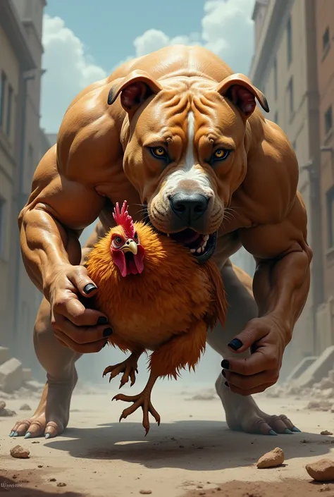 Muscular pitbull hanging a chicken 