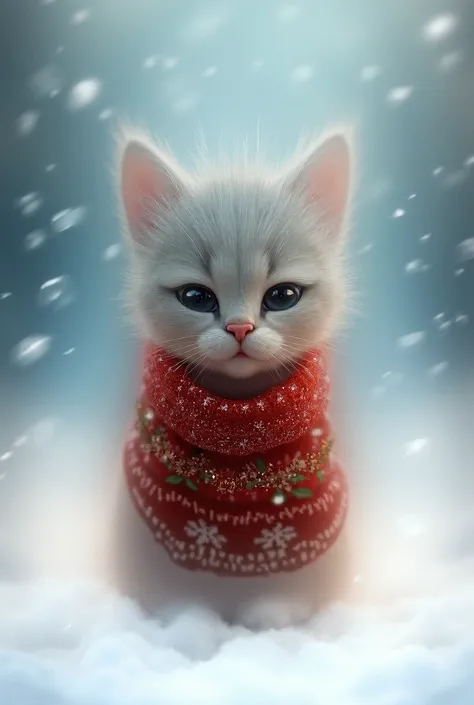 A very small cat wearing a Christmas shirt and snow around it