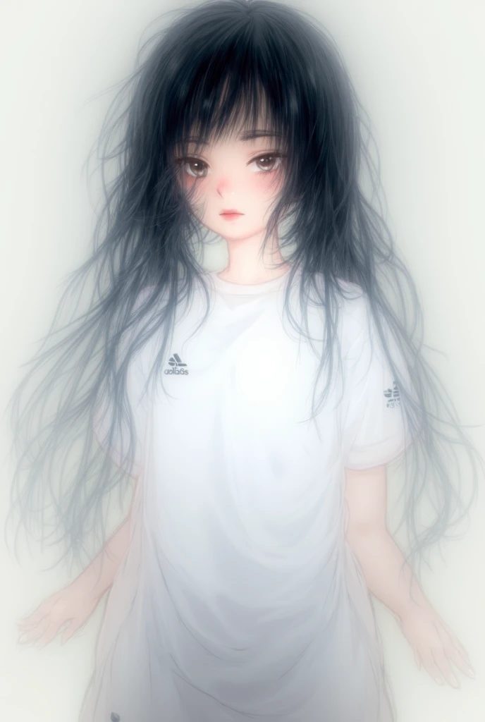 A 16-year-old anime girl, 175 cm tall, with a well-proportioned body and large chest. Her hair is completely black, shaggy, and long, flowing beautifully around her face. Her dark brown eyes hold a warm and calm look. She wears a very long white T-shirt an...