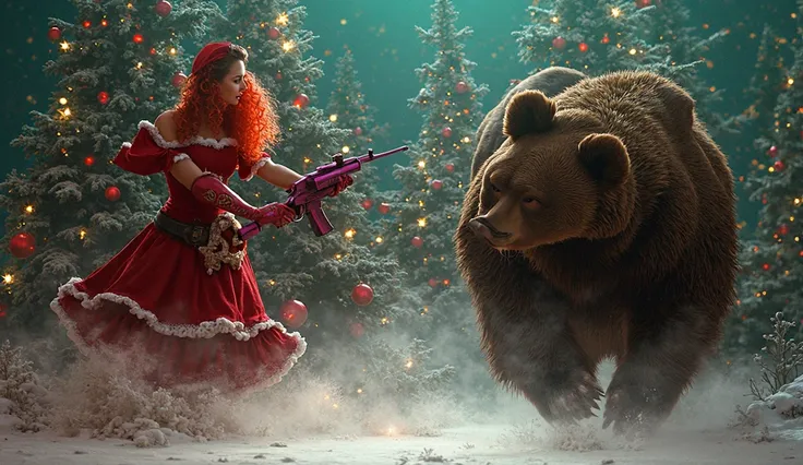 The Christmas season features a Christmas tree. ,A red curly woman wearing a Santee dress holding a fuchsia pink AK16 gun is shooting a big brown bear who is running to hurt her.