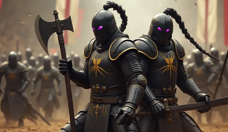  Scorpions from mortal combat with all-black and gold armor, with a sword in one hand and an axe , doing fighting pose,  with a scorpion symbol in the middle of their chest,  with purple eyes in the other hand

In a medieval war arena .