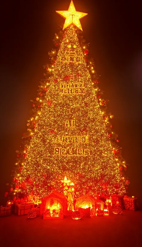 A breathtaking Christmas tree exquisitely adorned with radiant ornaments, glittering lights, and a shining golden star at the top. The tree displays glowing text integrated into the decorations, reading Feliz Navidad and Piratas de las Montañas in a stylis...