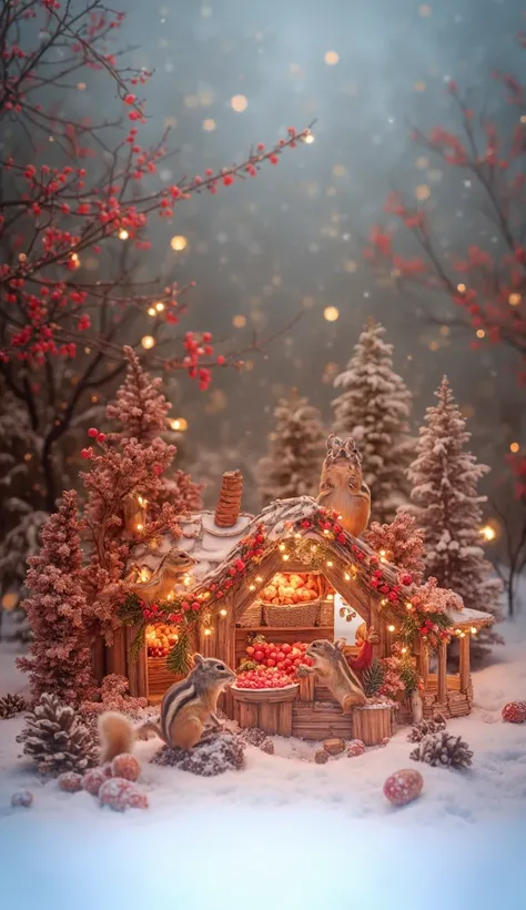 A festive winter market scene featuring three chipmunks gathered around a small, snow-dusted wooden stall adorned with red berries and evergreen garlands. The stall has a shingled roof covered in snow, with baskets of bright red berries and nuts on display...