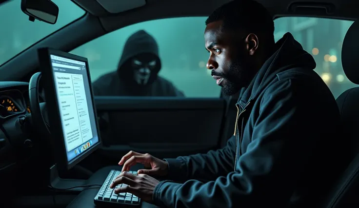 Black man typing a ,  masked thief car in the backseat 