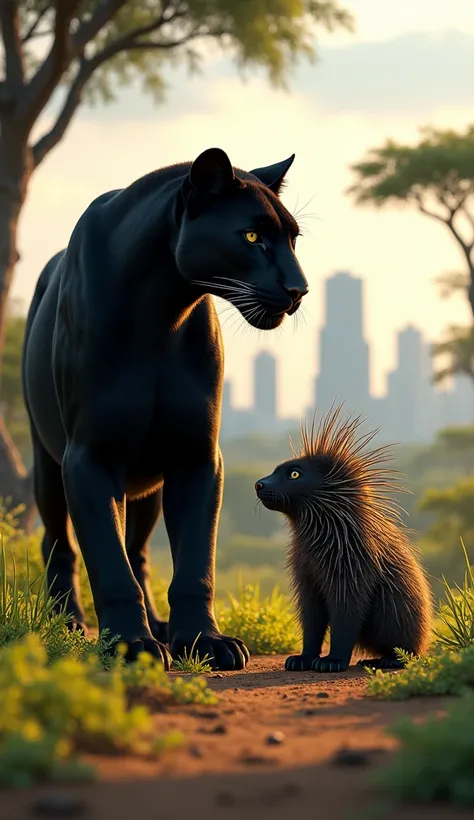 send me High quality Realistic well iluminated image of a black panter and a porcupine in africa with bildings around