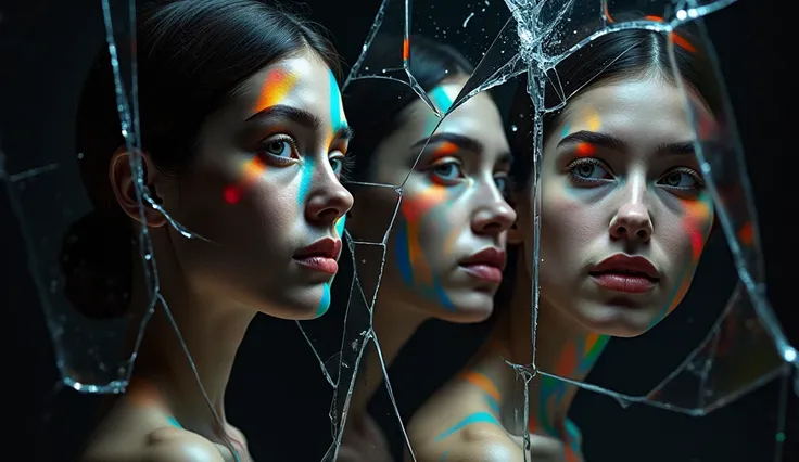 Broken mirrors scattered in the darkness, each reflecting different human faces, forming rainbow colors through the refraction of light, the faces filled with various emotions, mainly in black and white with rainbow accents, the image rich in detail and re...