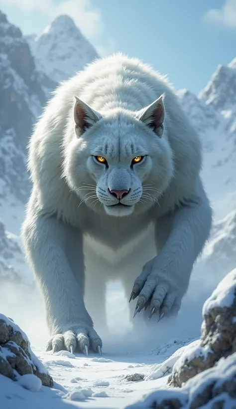 Realistic image of snow and cat hybrid powerful and scary