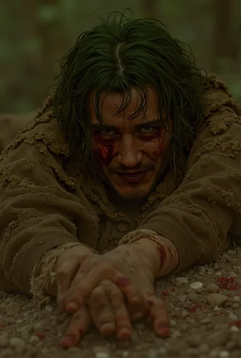  A young man with disheveled green hair and green eyes , now blurred by defeat ,  is stretched on the ground of scorching stones ,  gasping and covered with wounds .  His bruised face displays an expression of intense pain mixed with a discolored expressio...