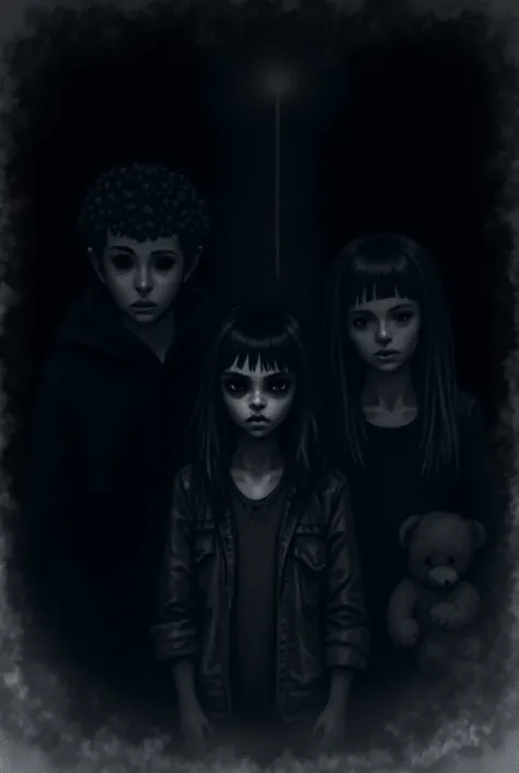 Eerie. Uncanny. Sketch. Artwork. Noir. Evil smiles. Three black-eyed ren. 1. left. black hoodie, black-eyed black curly hair caucasian tween boy. 2. middle, long bob cut, black-eyed tween girl wearing flannel jacket and tank. 3, Right. black dress, long st...