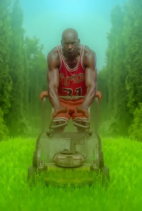 I want you to make an image of Michael Jordan mowing the grass