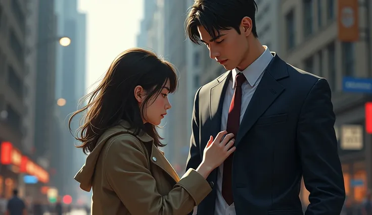   girl stealing a wallet from a man in a suit on the street