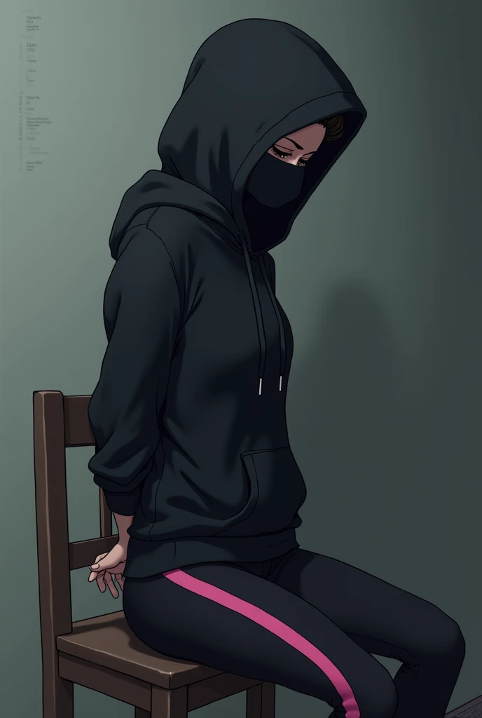 (Anime) woman, tight black sack over head, entire face concealed, entire head covered, sat on chair, arms behind back, black leggings with pink stripes down sides, black hoodie, draw strings, breasts, anime style, napped, 1girl, side view, empty room,