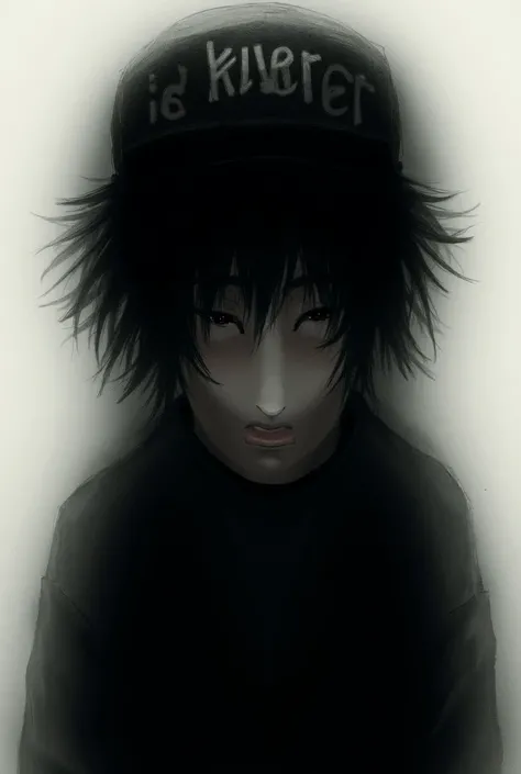  A black-haired boy wearing a hat that says killer, messy black hair and grunge black clothes 
