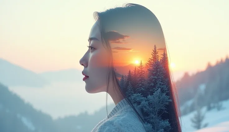 A breathtaking 8K Ultra HD double exposure image inspired by Yukisakura, featuring the serene profile of an Asian woman with long, straight hair, her expression calm and reflective. Her silhouette incorporates a majestic winter landscape from South Korea: ...